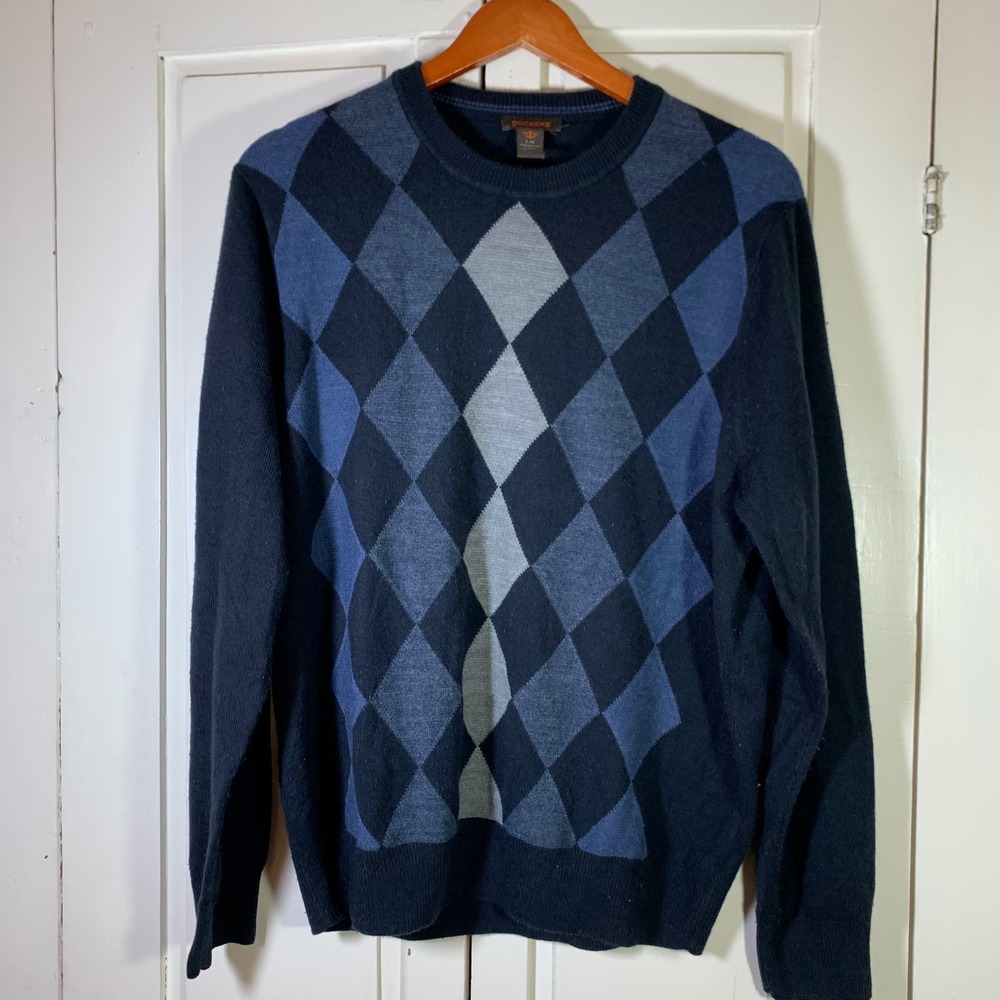 Dockers Mens Argyle Crew Neck Sweater Marine Blue Navy Grey Knit Pullover Large